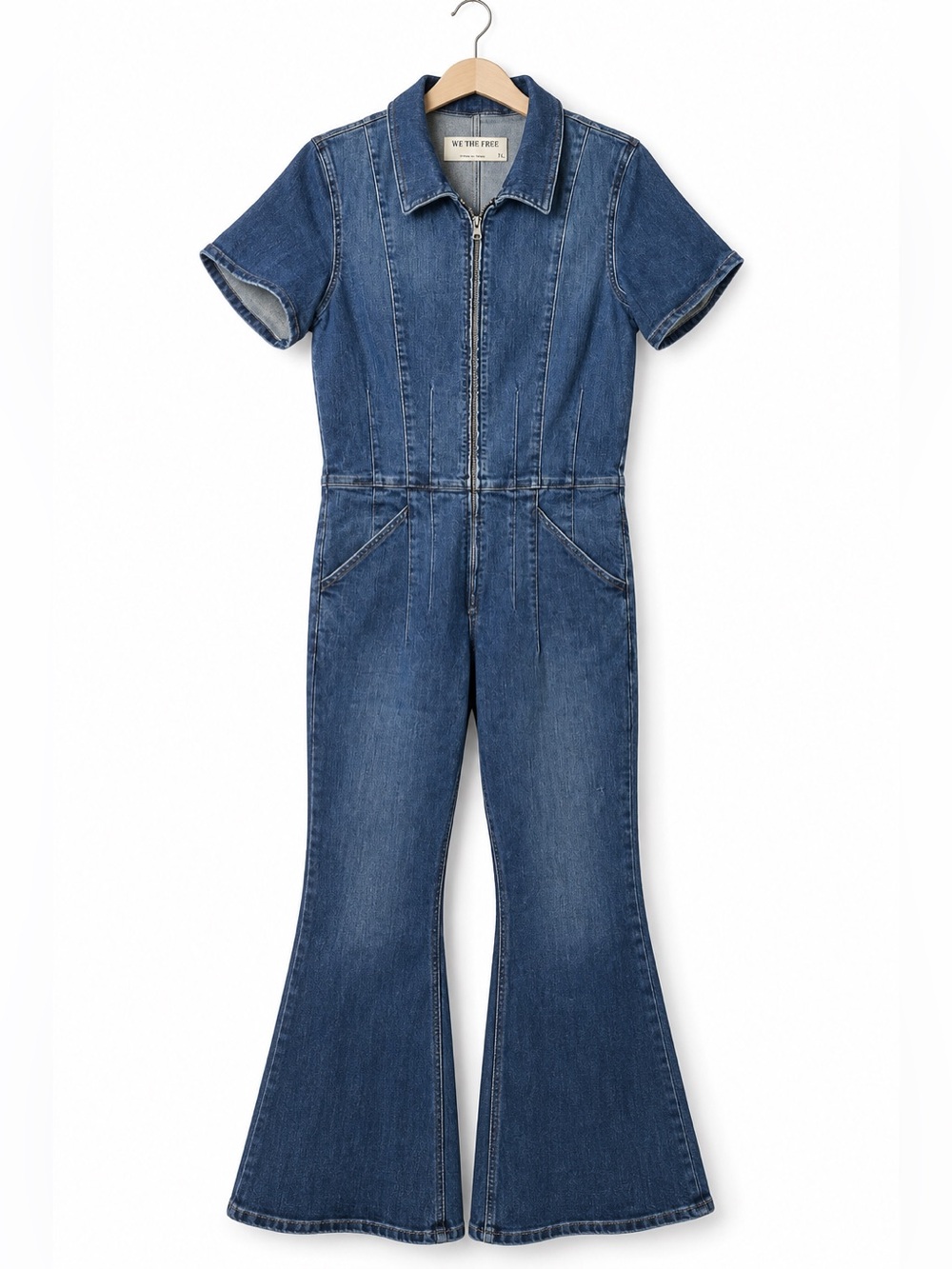 We The Free Jayde Flare Denim Jumpsuit XL Short Sleeve Zip Front